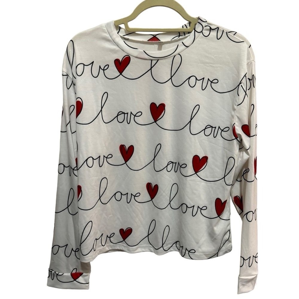 White - Long Sleeve T-shirt - Love Script and Red heart Graphic - Size M
